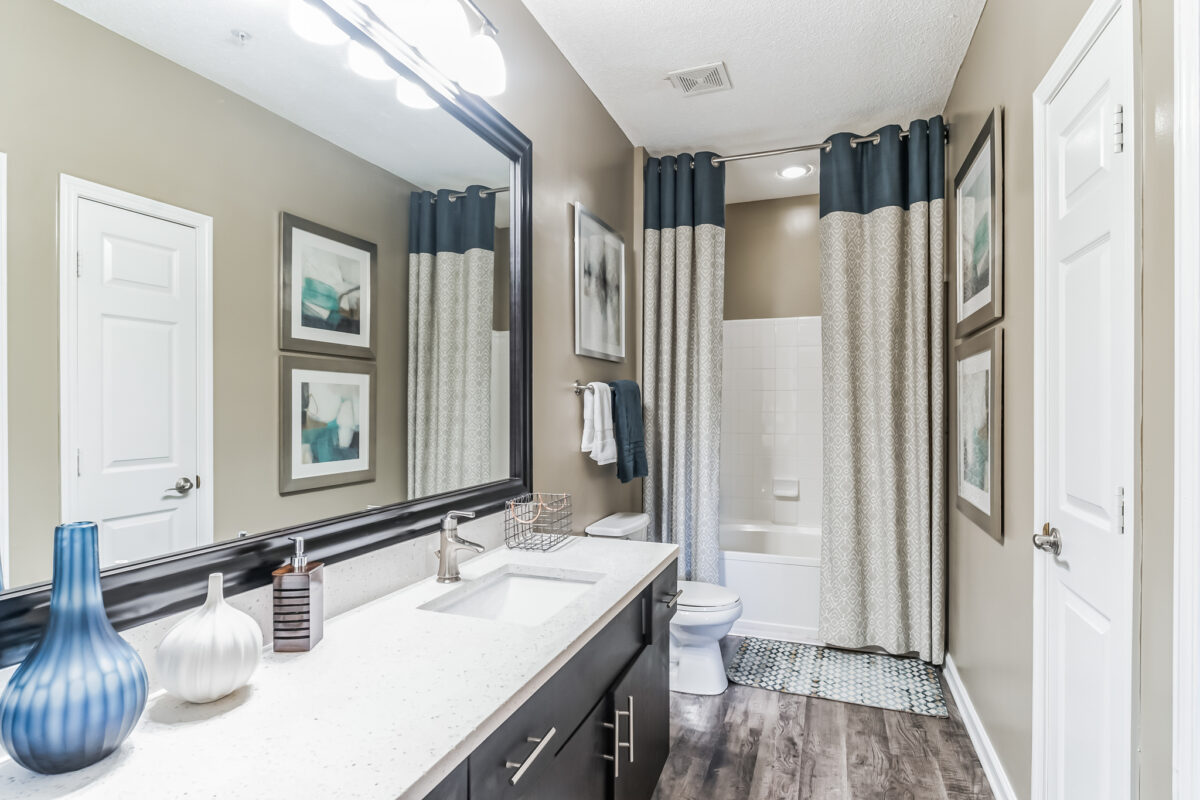 Bathroom large dark framed mirror and a shower