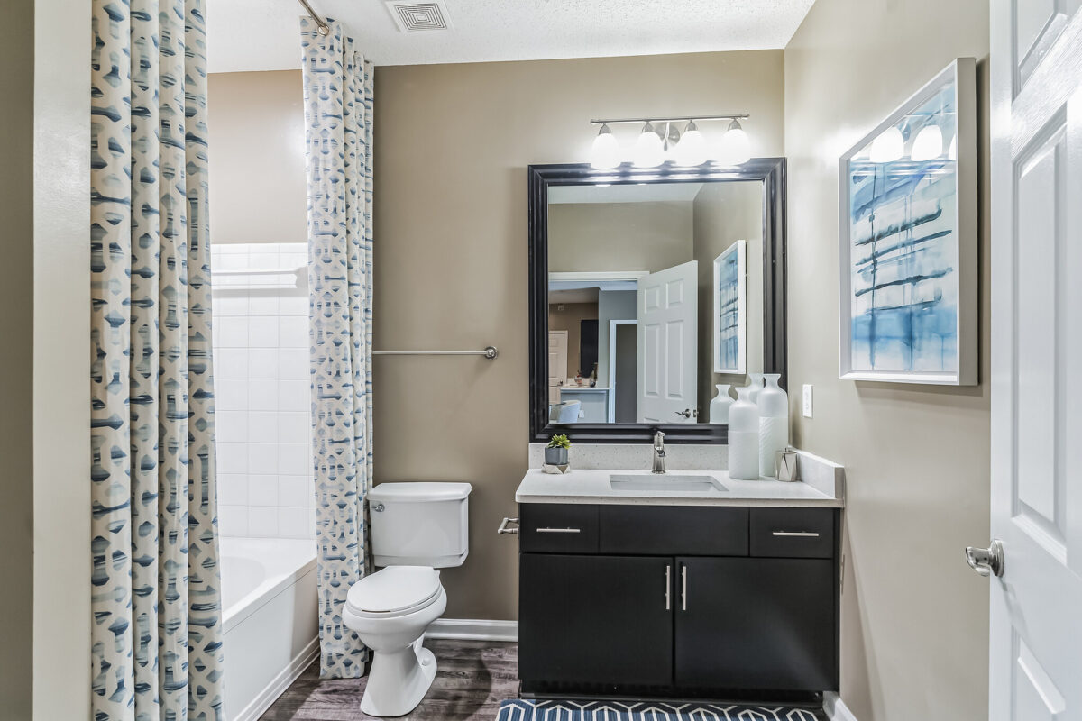 Bathroom with large dark framed mirror, dark cabinets, bathtub and colorful shower curtains